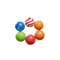 Six brightly colored balls, each with unique textures and patterns, form a playful circle against a stark white background. The cheerful scene evokes a sense of fun and energy. png