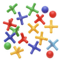 A vibrant collection of colorful cross-shaped toys playfully scattered across a white background. Bright hues and cheerful shapes create a lighthearted, fun mood. png