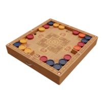 A captivating wooden Pachisi game board showcases intricate carvings and vibrant playing pieces. The rich colors and detailed design create a warm, inviting atmosphere. png
