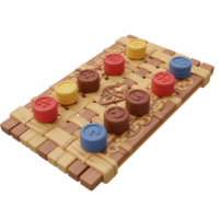 A charming 3D render showcases a woven wooden game board, featuring colorful stacks of disks. The warm tones and playful design create a cheerful and inviting atmosphere. png