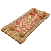 A charming woven tray displays a vibrant patterned rug, accented by small, round objects. The rustic textures and rich colors create a warm, inviting atmosphere. png
