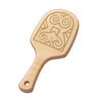 A charming wooden paddle features an intricately carved Celtic knot design. The warm, light wood and elegant pattern create a rustic yet sophisticated feel. png