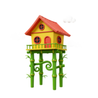A cute yellow house perched high on vibrant green bamboo stilts floats amidst fluffy white clouds. Playful and charming, it evokes a dreamy, happy mood. png