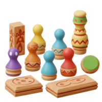 A delightful array of whimsical wooden stamps in vibrant colors and playful patterns creates a cheerful and inviting scene. Each stamp is uniquely decorated, adding to the overall playful mood. png