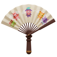 A delightful hand fan showcases adorable cartoon creatures in a whimsical, Asian-inspired style. Soft colors and playful characters create a cheerful and lighthearted mood. png
