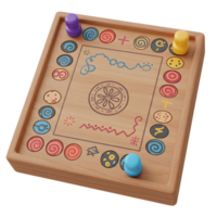 A charming wooden board game features colorful pegs and playful abstract patterns. The light wood and vibrant colors create a cheerful and inviting atmosphere. png