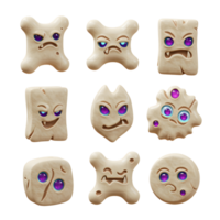 Nine charming stone monsters, each with unique expressions and glowing purple eyes, create a playful and slightly spooky mood. Perfect for games or digital art png