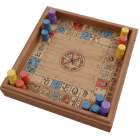 A captivating wooden board game featuring colorful tokens and mystical symbols. The game evokes a sense of adventure and playful intrigue. A unique and engaging design. png