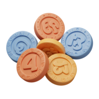 A cluster of pastel-colored, 3D-rendered coins, each featuring a playful number, creates a charming and slightly whimsical scene. png