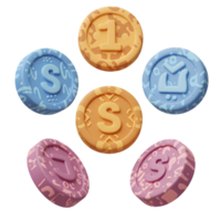 Six playful coins float, each showcasing a unique letter and vibrant pastel pattern. A cheerful and modern design, perfect for branding or playful visuals. png