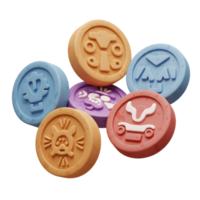 A cluster of vibrant, textured tokens floats, each showcasing a unique symbol. Playful and whimsical, these icons add a pop of color and texture. png
