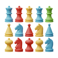 uma vibrante coleção do xadrez peças, rendido dentro alegre 3d, vitrines uma retro estética. cada peça é brilhantemente colori, criando uma Diversão e brincalhão humor. png