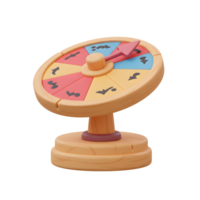 A cheerful, pastel-colored spin wheel sits ready for a game. Its wooden base and playful design create a joyful, inviting atmosphere. png