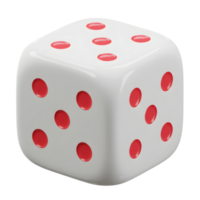 A single, glossy white die rests against a stark white background. Bold red dots stand out, creating a minimalist yet striking image. Clean and modern. png