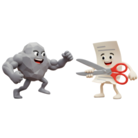 A strong rock character confronts a cheerful receipt character wielding scissors, creating a humorous and dynamic scene. The mood is playful yet tense. png