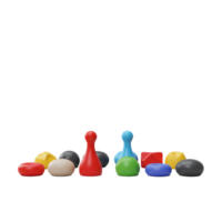 A vibrant collection of colorful game pieces, including pawns and geometric shapes, arranged against a stark white background. The scene feels playful yet sophisticated. png