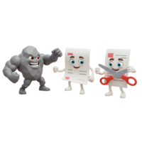 A playful scene unfolds with a strong rock character facing two cheerful paper figures, one wielding scissors. The mood is humorous and slightly dramatic. png