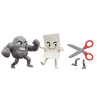 A mischievous rock character wrestles a scared piece of paper while tiny scissors watch. Humorous, playful mood png