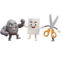 A strong rock character faces off against a paper and scissors duo in a fun, 3D cartoon scene. Their playful expressions and dynamic poses create a lighthearted mood. png