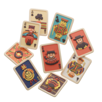 A playful scattering of handcrafted clay playing cards, each featuring unique folk art characters and vibrant colors. The scene is cheerful and imaginative. png
