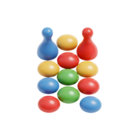 A cheerful collection of colorful game pieces, vibrant spheres and upright cones, create a playful and engaging visual. The bright hues and simple forms evoke a sense of fun and lightheartedness. png