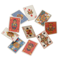 A playful scatter of vibrant playing cards, each featuring unique Asian-inspired characters and designs, floats against a stark white background. The scene is cheerful and lighthearted. png