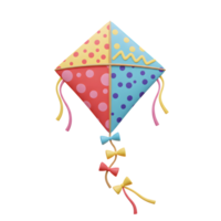 A cheerful kite, adorned with vibrant polka dots and playful bows, floats against a bright white background. Its cheerful colors and simple design evoke a sense of fun and childlike wonder. png