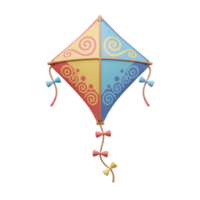 A cheerful, colorful diamond kite soars, adorned with playful swirls and charming bows. Its bright hues and whimsical design evoke joy and a sense of lighthearted fun. png