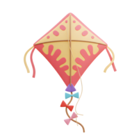 A cheerful pink and yellow kite, adorned with colorful bows, floats playfully against a white background. Its simple yet charming design evokes a sense of childlike wonder and summer fun. png