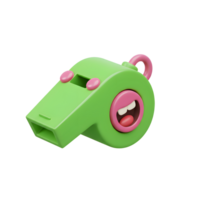 A vibrant green whistle grins widely, its cheerful cartoon design adding a playful touch. Pink details pop against the bright green, creating a fun and happy mood. png