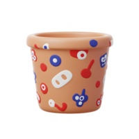 A charming terracotta pot boasts a unique, abstract design. Simple shapes in red, blue, and white playfully adorn its surface, creating a lighthearted and cheerful mood. png