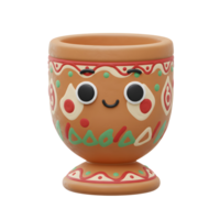 A charming, hand-painted clay mug smiles sweetly. Its folk art design features playful colors and patterns, creating a joyful, cozy mood. png