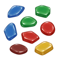 A vibrant collection of glossy gems in various shapes and colors. Their smooth surfaces and playful arrangement create a fun, cheerful mood. png