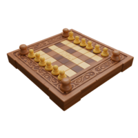A beautifully carved wooden chessboard displays a game in progress. Warm tones and intricate details create a captivating, classic scene. png