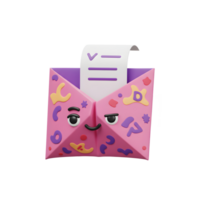 A cheerful pink fortune cookie-shaped envelope holds a checklist, creating a fun and quirky illustration. The playful design adds a touch of whimsy. png