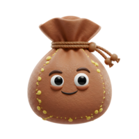 A charming, happy brown leather sack smiles warmly. Its stitched details and knotted rope add to its whimsical charm. A cute and friendly 3D design. png