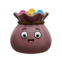 A happy, cartoon-style money bag overflows with colorful coins Its cheerful face and soft texture create a fun, whimsical scene. png