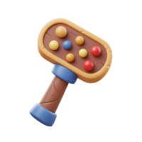 A whimsical cartoon hammer features a brown wooden handle and head adorned with vibrant, multicolored balls. Playful and charming, it evokes a sense of fun. png