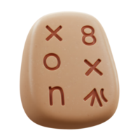 A smooth, beige stone pebble features deeply carved symbols Xs, Os, numbers, and other markings. It evokes a mysterious, ancient feel. png
