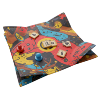 A vibrant game mat bursts with playful doodles and quirky characters. Colorful wooden game pieces are scattered across the surface, creating a fun and engaging atmosphere. png