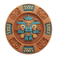 A captivating circular relief bursts with color Intricate Aztec-style carvings in teal and terracotta create a mystical, ancient mood. Notice the central deity and surrounding glyphs. png
