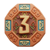 A vibrant, earthy 3D rendering of the number three, intricately designed within a stylized Aztec-inspired medallion. Warm tones and geometric patterns create a playful yet sophisticated mood. png