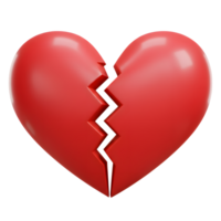 A vibrant red heart, sharply cracked down the middle, sits against a stark white background. The glossy surface and clean break create a striking, minimalist image. png