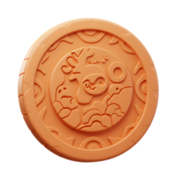 A charming, peach-colored coin showcases a whimsical, embossed design. Intricate patterns and playful creatures decorate its surface, creating a joyful and lighthearted mood. png