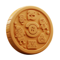 A charming golden coin features adorable cartoon creatures, each with unique expressions. The whimsical design creates a playful and joyful mood. png