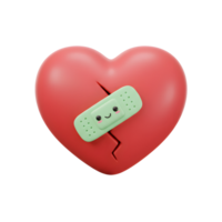 A charming 3D-rendered image shows a cracked red heart, playfully mended with a smiling green band-aid. It evokes feelings of hope and healing. png