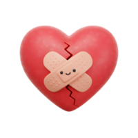 A cracked red heart is playfully mended with a smiling bandage. Sweet, hopeful, and charmingly naive, this 3D render evokes feelings of healing and resilience. png