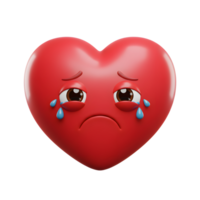 A 3D-rendered red heart, tearfully sad. Its glossy surface and downturned eyes convey deep emotion. A poignant image of heartbreak. png