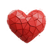 A vibrant red heart, fractured into sharp geometric pieces, fragments scattering around it. The image evokes feelings of heartbreak and loss, presented in a striking polygonal style. png