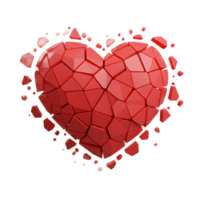 A vibrant red heart explodes into geometric fragments, its sharp edges contrasting with a somber mood. The pieces scatter, suggesting loss or heartbreak. png